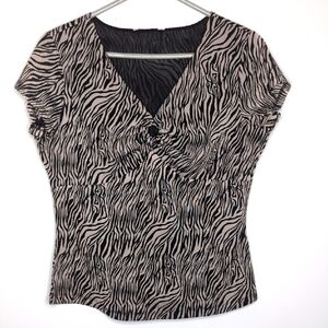 Women's Extra Large Stretch Cream Black Zebra‎ Short Sleeve V Neck Key Hole Top